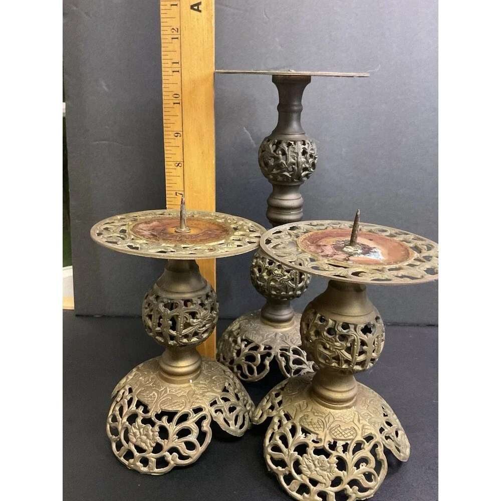 Vintage MCM Brass Filigree Set Of Candle Holders Pedestal